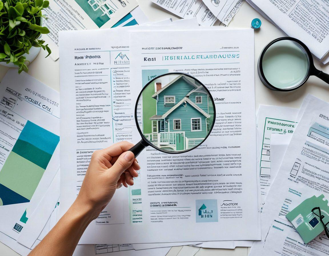 A visually engaging collage of various insurance policy documents, magnifying glass highlighting key terms, surrounded by diverse rental homes and apartments symbolizing rental coverage, with a person thoughtfully reviewing the documents. The color palette should include calming blues and greens to evoke trust and safety. super-realistic. vibrant colors. white background.