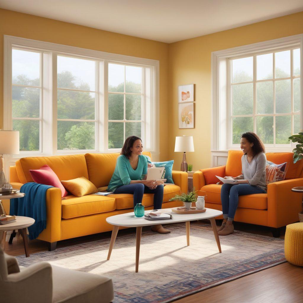 A visually captivating scene depicting a warm, welcoming living room environment with a young family happily discussing insurance options, surrounded by rental items like furniture and decor, symbolizing safety and protection. Soft natural lighting filters through a window, creating an inviting atmosphere. Include graphic elements like a checklist and percentage signs representing affordability. super-realistic. vibrant colors. cozy ambiance.