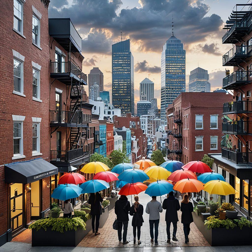A visually striking juxtaposition of a diverse group of tenants transforming into confident landlords, surrounded by elements representing property insurance, such as house icons, umbrellas symbolizing protection, and vibrant cityscapes. The background features a mix of residential and commercial properties, showcasing the evolution of ownership. The colors should be warm and inviting, conveying progress and security. super-realistic. vibrant colors. urban setting.